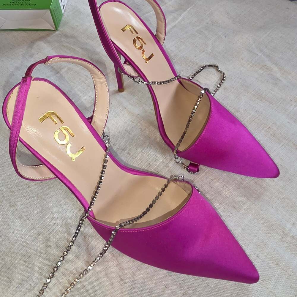 FSJ Fuchsia Satin Slingback Pointed Toe Stiletto Pumps with Rhinestone Chain